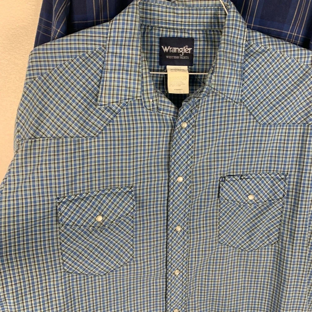 Lot of 2 Wrangler‎ 2XLT Tall Pearl Snap Western Shirts Blue Plaid Short Sleeves